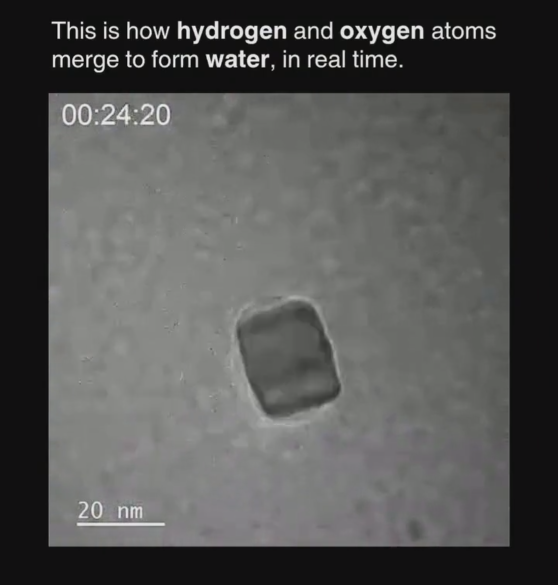 Hydrogen and oxygen atoms coming together to form nano sized bubbles of water